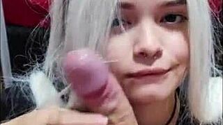 Freshmen blonde gives a deepthroat blowjob in an office