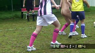 asian girls strip down and play football naked in wild outdoor action