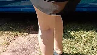 Mature Blonde Cougar Bent Over Showing Shaved Pussy in Homemade Close-Up Garden Scene