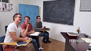 teacher keeps her hijab on while getting pounded by students in classroom 4some 😜